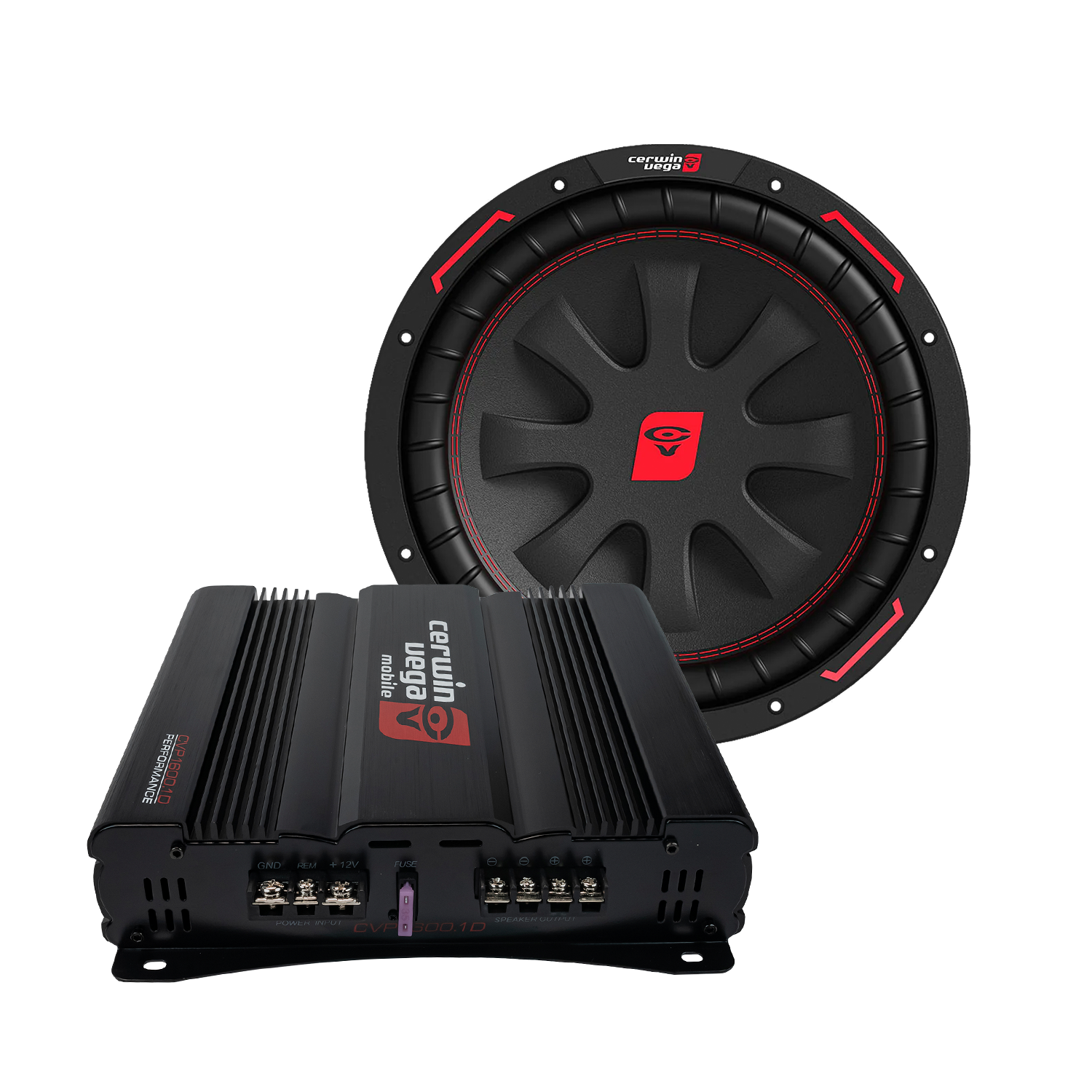 Introducing the CVP Series Single 10" Door Buster Deal: a sleek black and red car audio system featuring a bold circular subwoofer with a striking red logo, paired perfectly with a matching black amplifier equipped with versatile front panel connectors for powerful sound quality.
